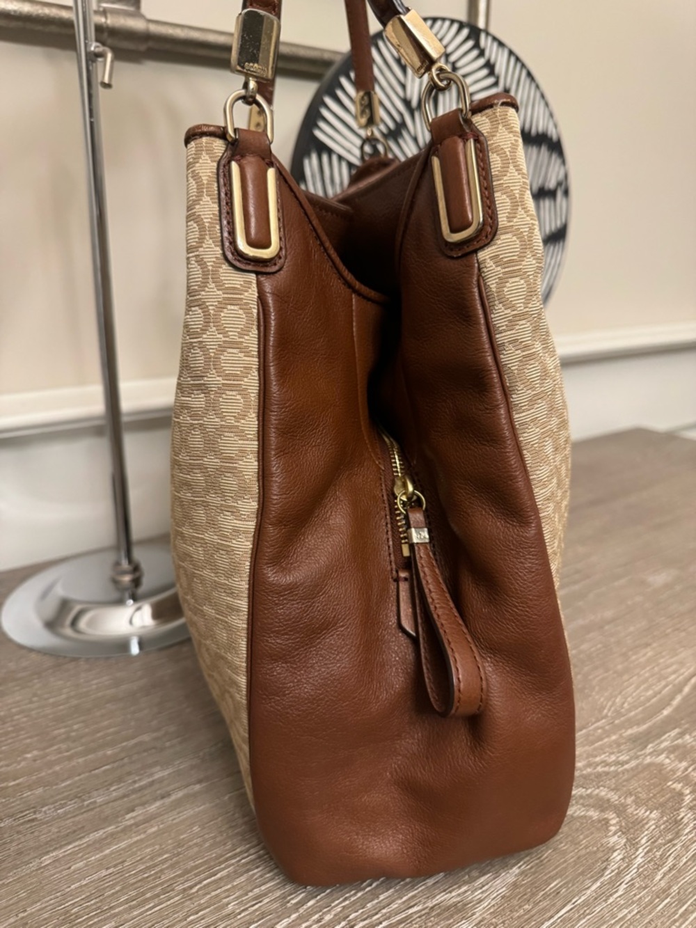 Coach Tan Signature Canvas Shoulder Bag with Brown Leather Trim - Picture 7 of 15